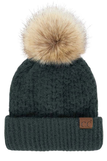 C.C Stitch Pattern Cuff Beanie with Pom