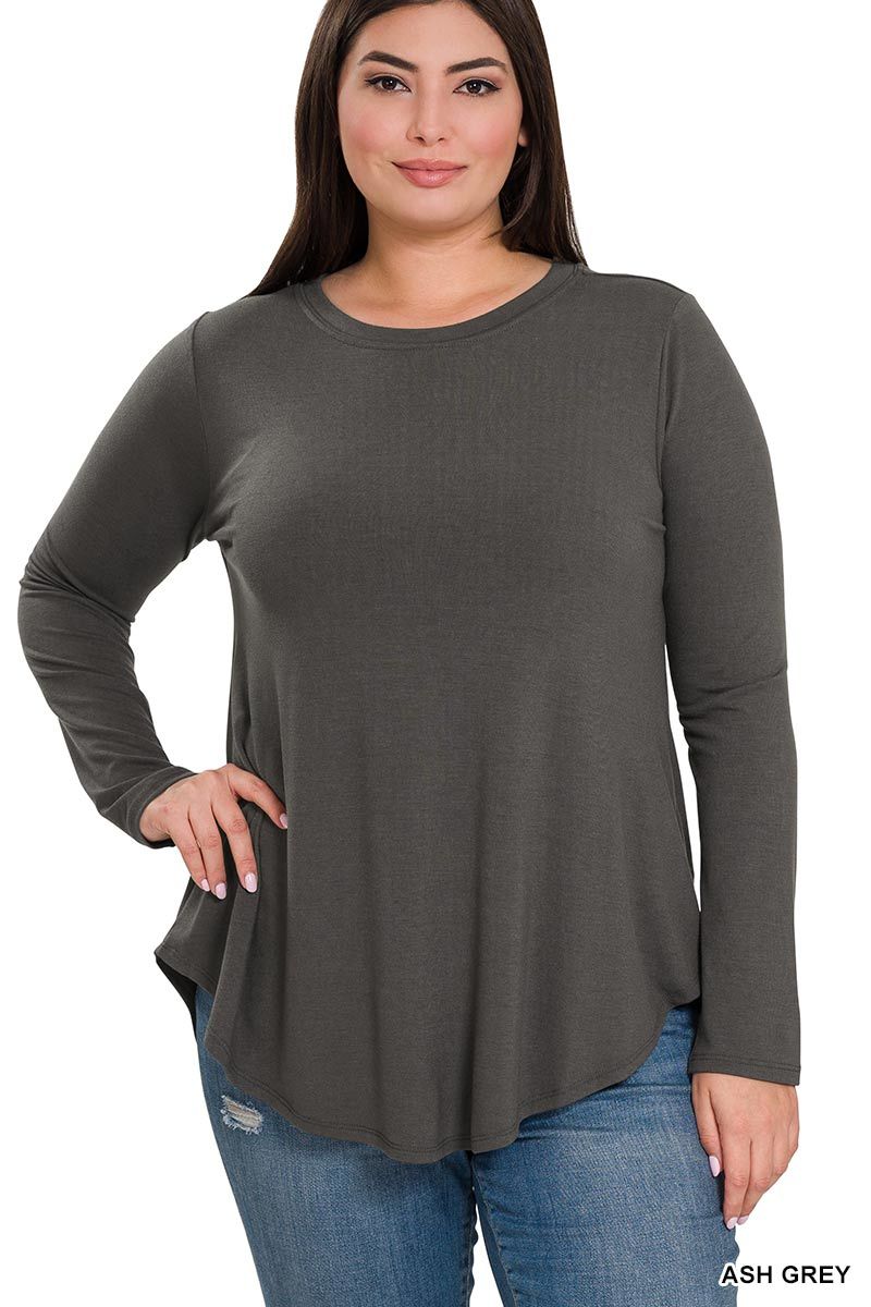 Curvy Round Neck Round Hem Long Sleeve