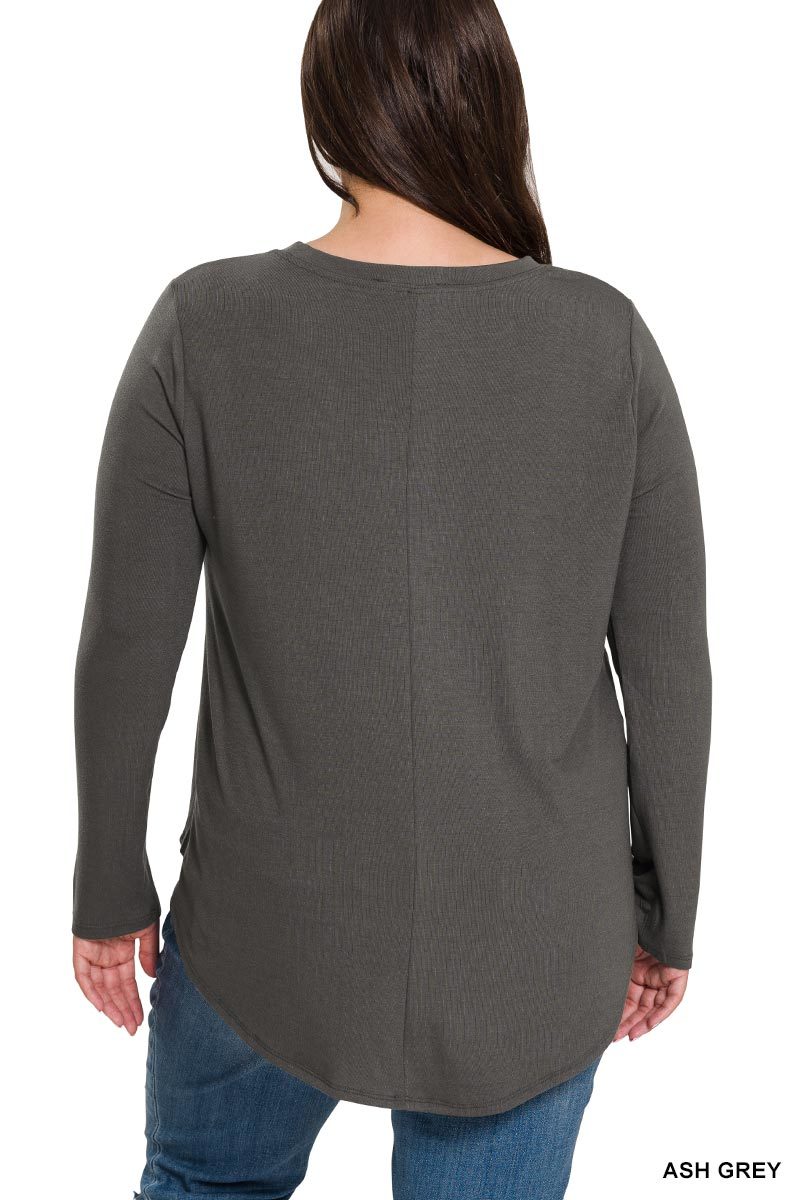 Curvy Round Neck Round Hem Long Sleeve