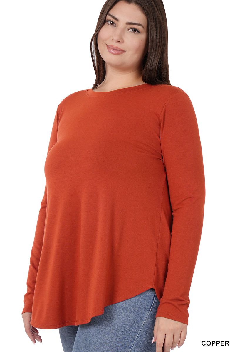 Curvy Round Neck Round Hem Long Sleeve