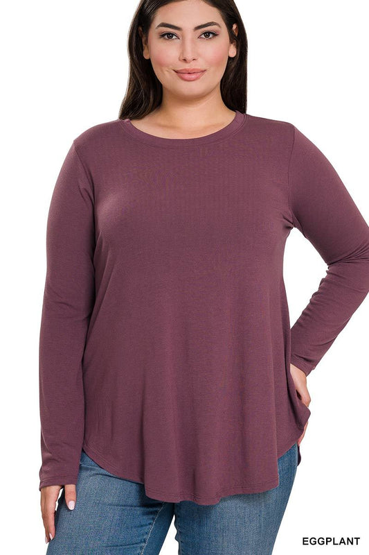 Curvy Round Neck Round Hem Long Sleeve