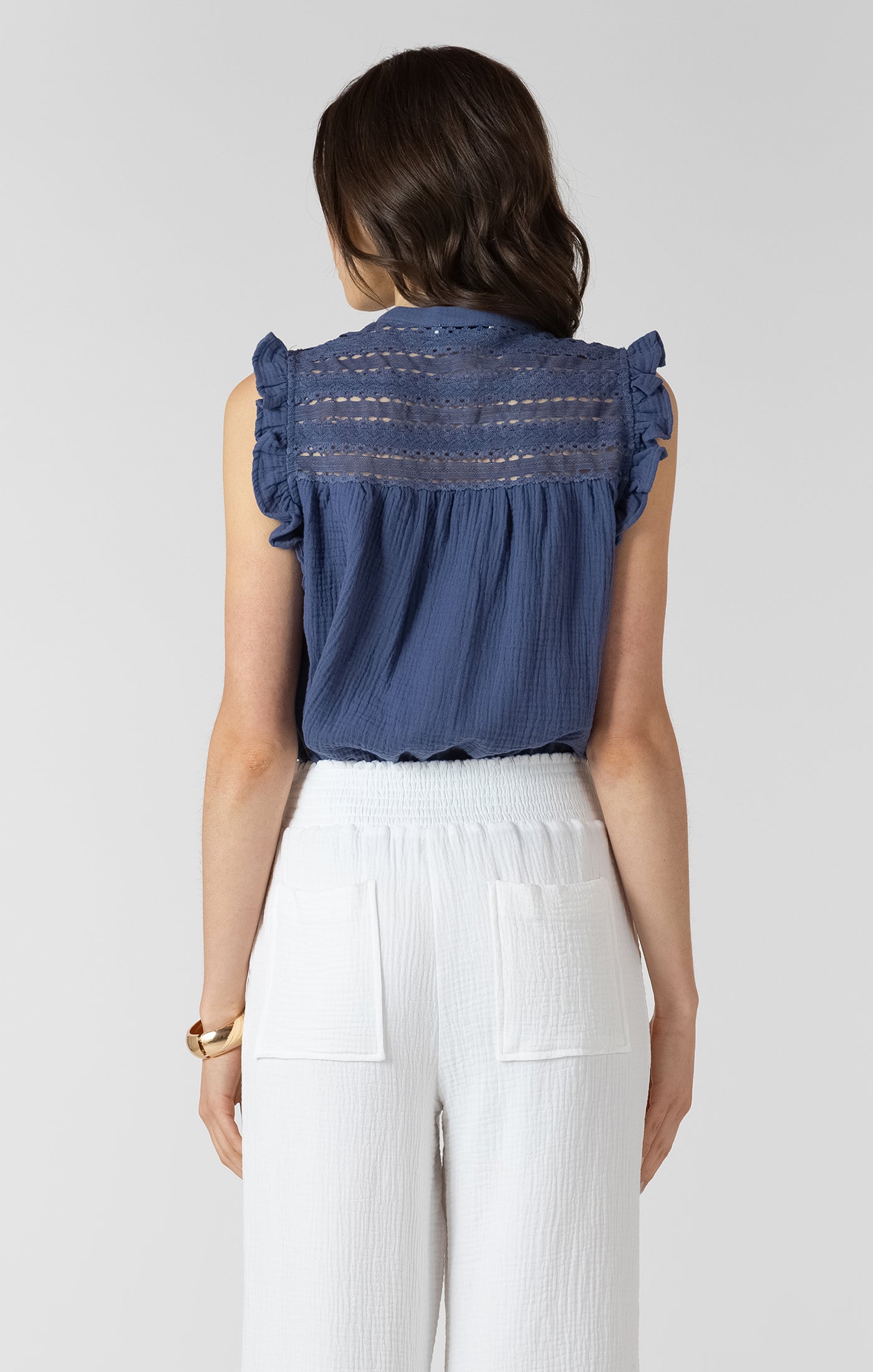 Lace Button Front Blouse - Blue