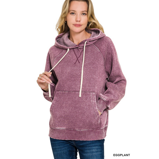 Zenana Curvy Acid Wash Fleece Hoodie