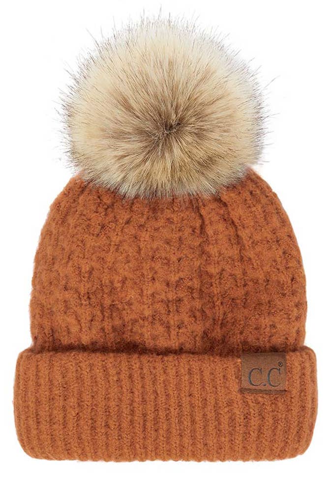 C.C Stitch Pattern Cuff Beanie with Pom