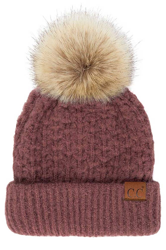 C.C Stitch Pattern Cuff Beanie with Pom