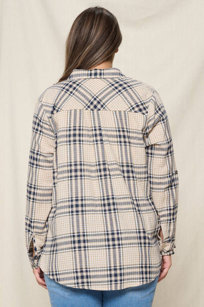 Curvy Plaid Shirt With Roll up Sleeve: SIZE 2X