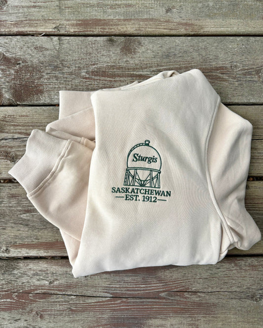 Embroidered Sturgis Water Tower Hoodie- Sand