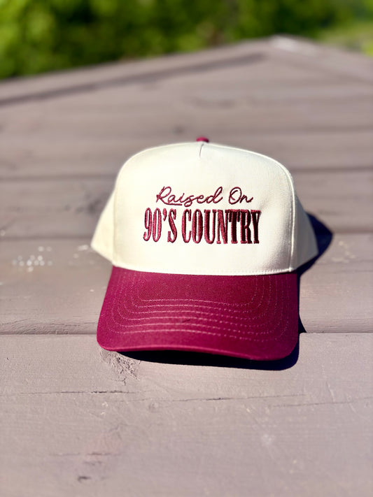 “Raised on 90’s Country” Trucker Hat- maroon