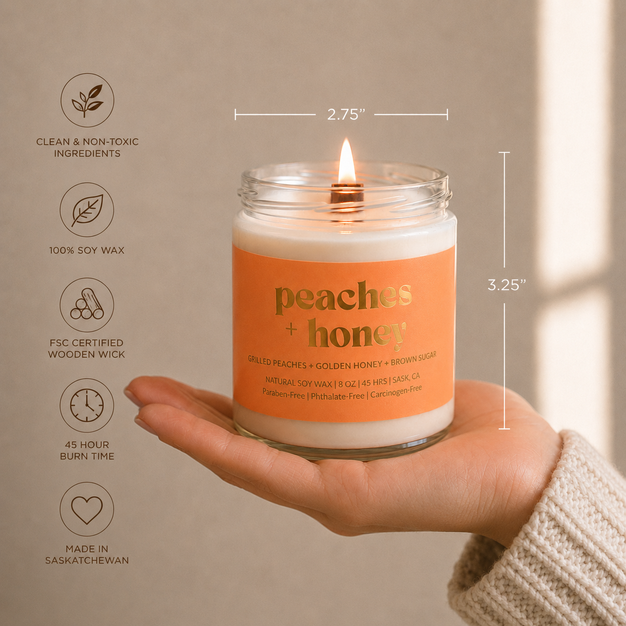 PEACHES & HONEY | 8OZ NON TOXIC SOY CANDLE