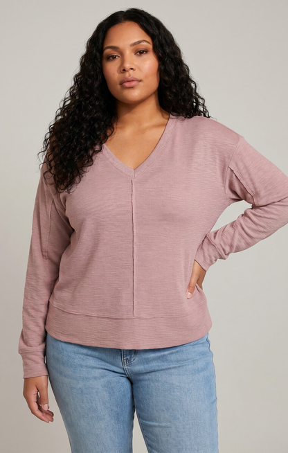 V-Neck Knit Top- Dusty Rose