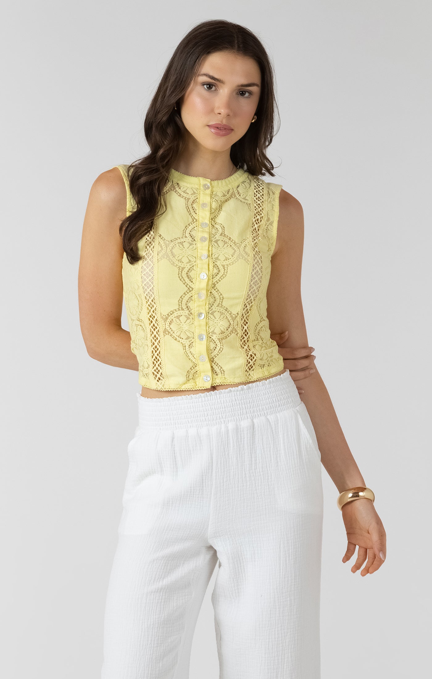 Lace Cutout Button Front Tank - Lemon