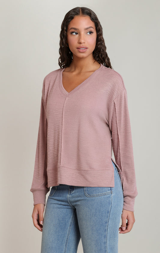 V-Neck Knit Top - Dusty Rose