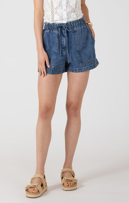 Drawstring Denim Shorts - Medium Blue Wash