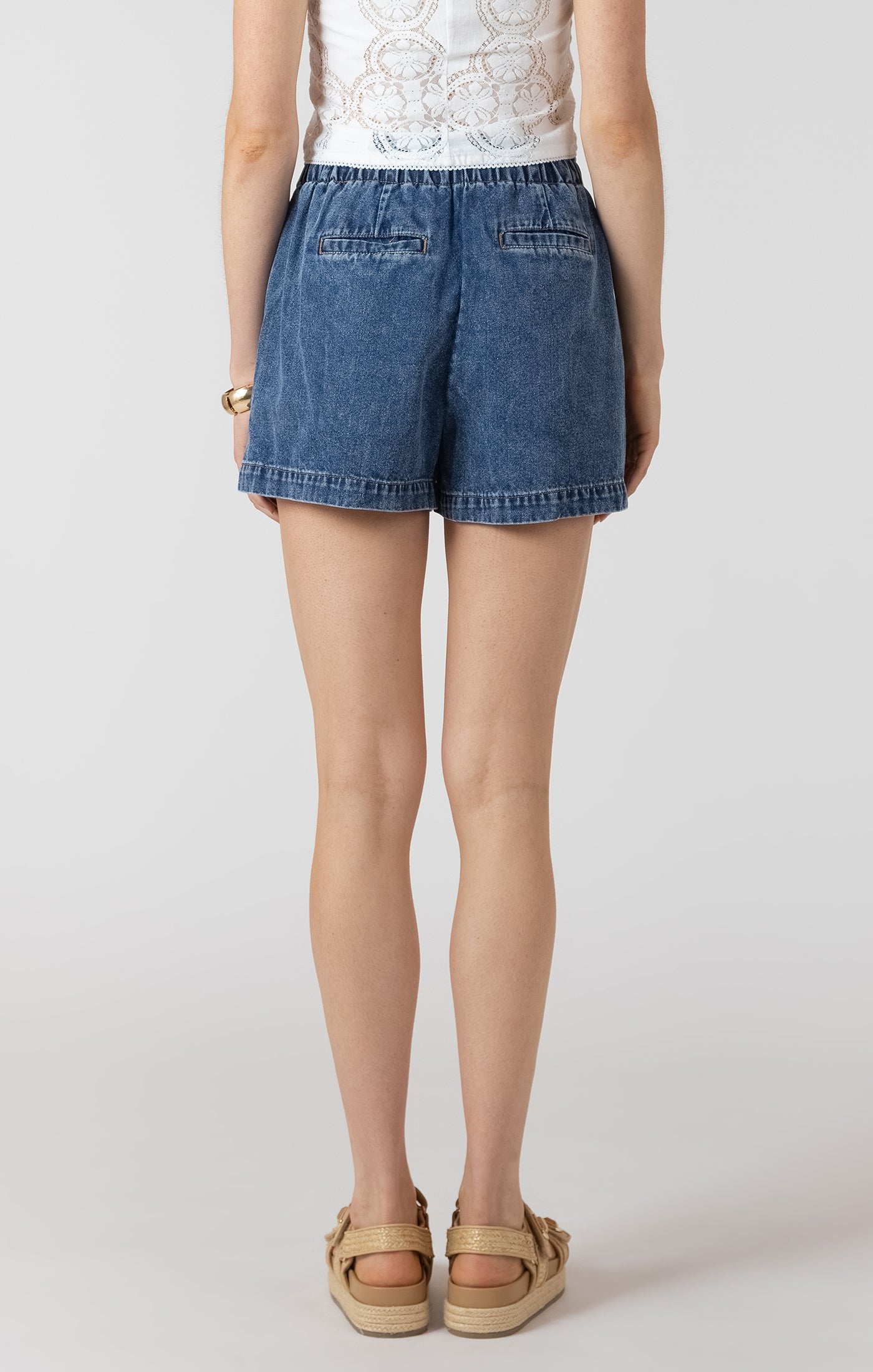 Drawstring Denim Shorts - Medium Blue Wash