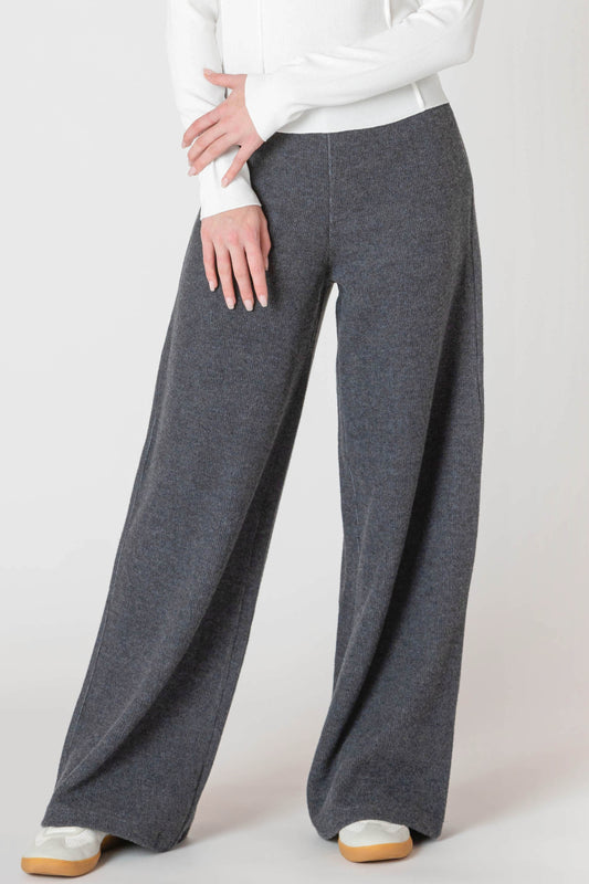 Wide Leg Ribbed Pant -Charcoal Heather