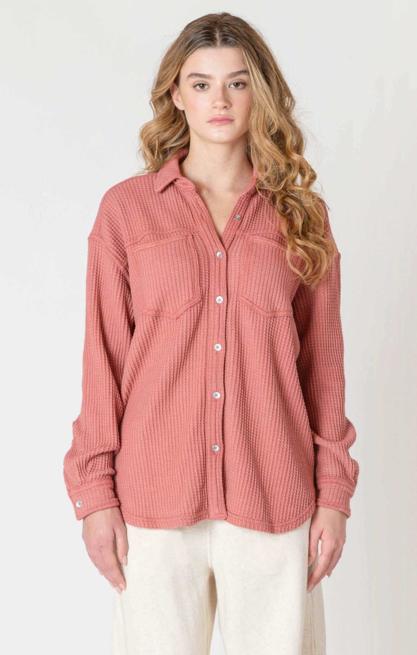 Thermal Knit Button Up - Brick