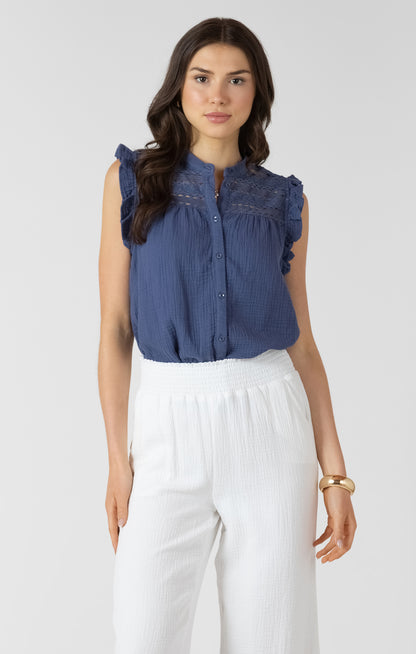 Lace Button Front Blouse - Blue