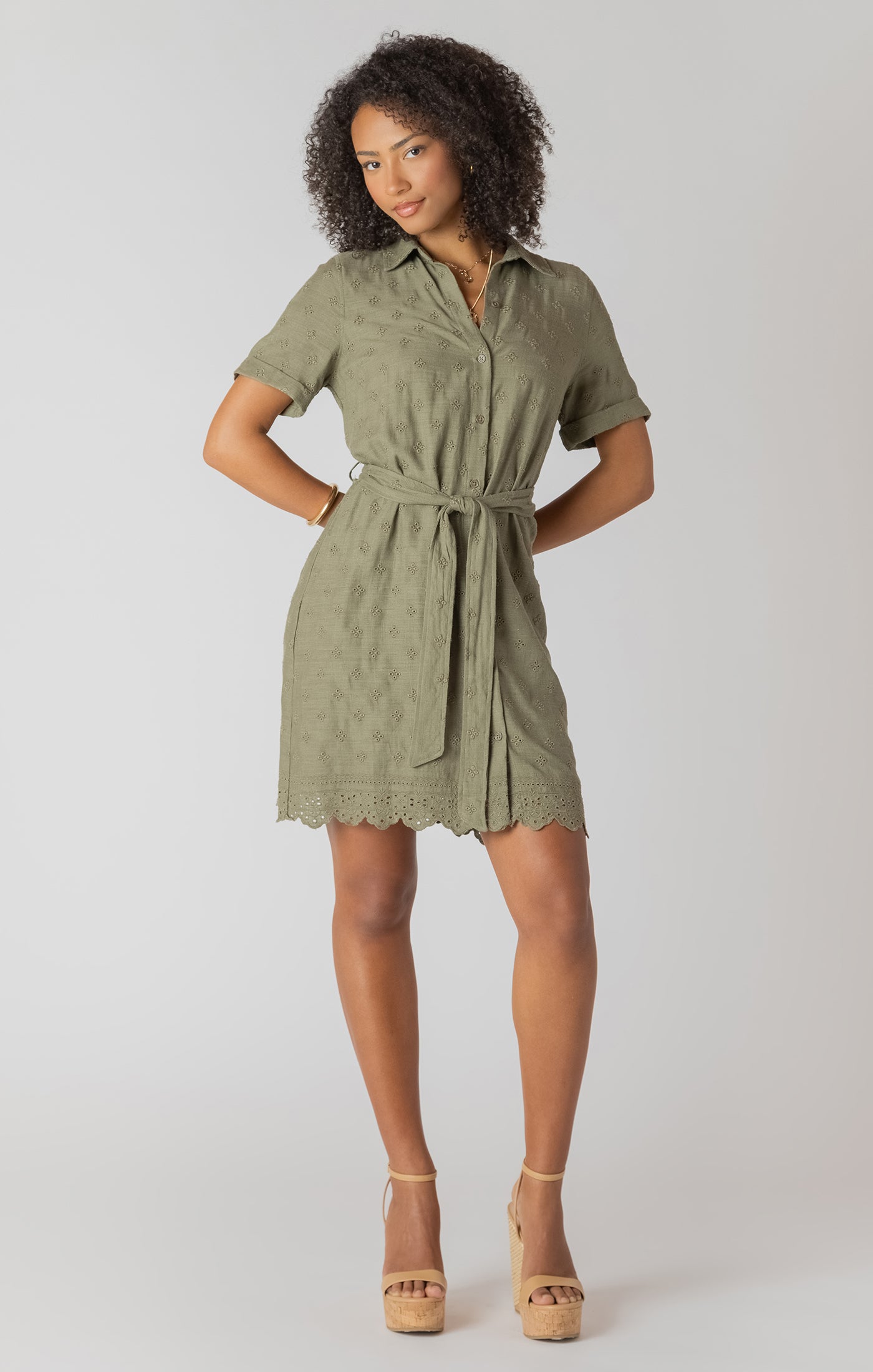 Linen Eyelet Mini Shirt Dress